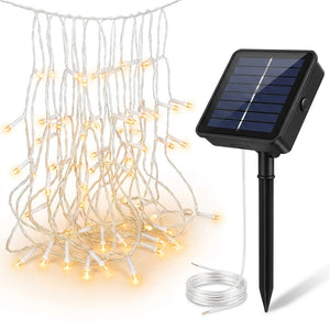 Luces navidad solares cascada 144 LED cálida con panel solar y estaca vista frontal