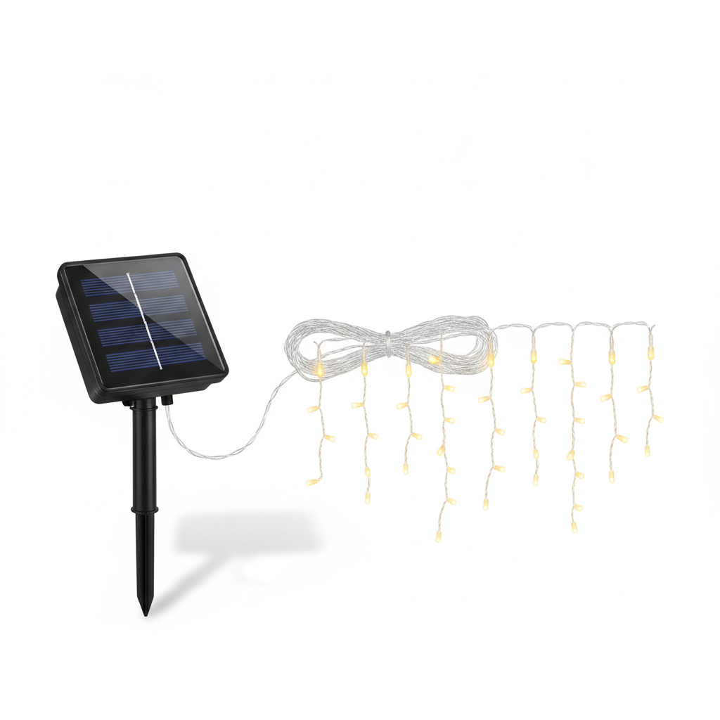 Luces navidad solares cascada 144 LED cálida con panel solar y estaca vista frontal