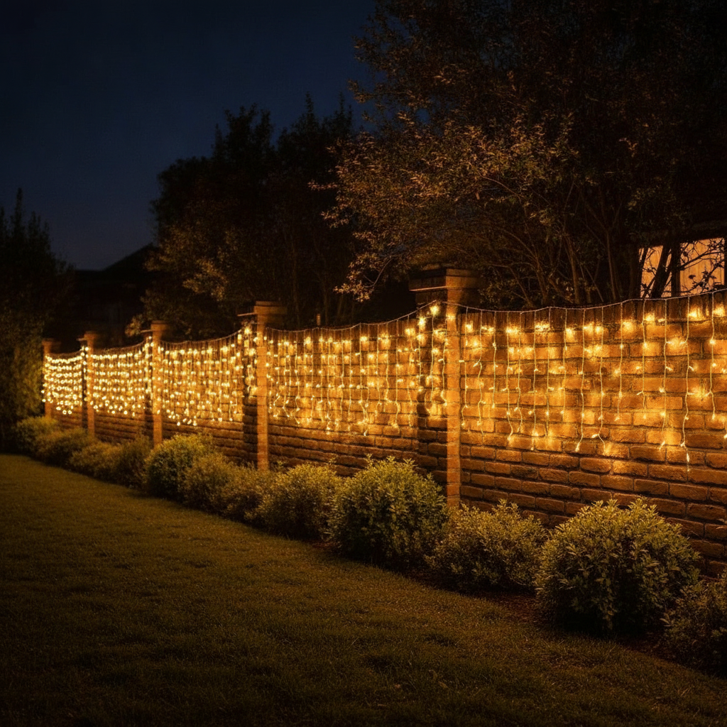 Luces navidad solares cascada muro exterior jardín chileno luz dorada