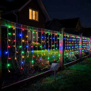 Luces navidad solares cascada 200 LED multicolor 7 metros vista frontal producto