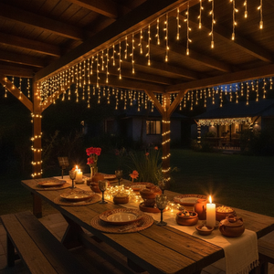 Luces decorativas navidad solar en balcón chileno ambiente cálido y acogedor