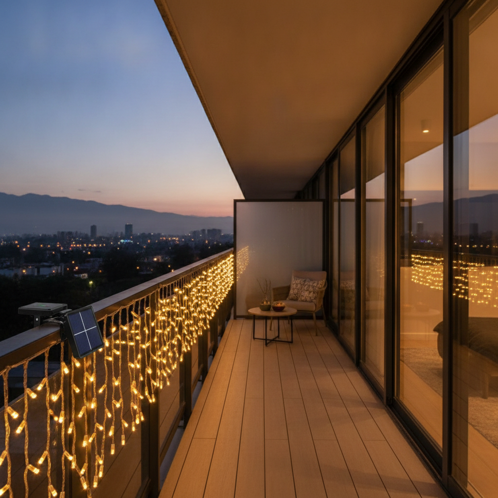Luces navidad solares decorativas en balcón exterior 3 metros caída 70cm cálidas