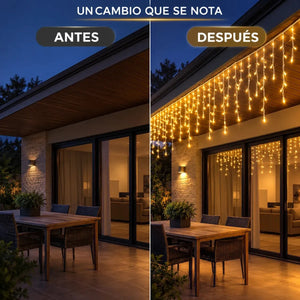 Luces navidad solares cortina cálida encendida en terraza chilena sin enchufes noche