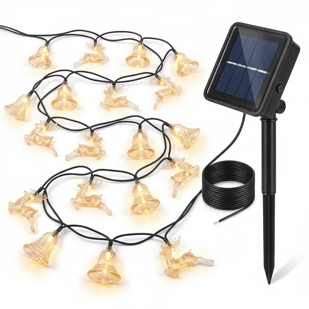 Luces navidad solares renos campanas 20 LED 3m panel solar incluido vista frontal