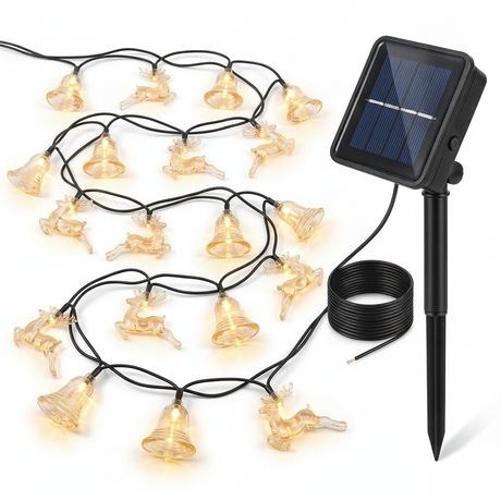 Luces navidad solares renos campanas 20 LED 3m panel solar incluido vista frontal