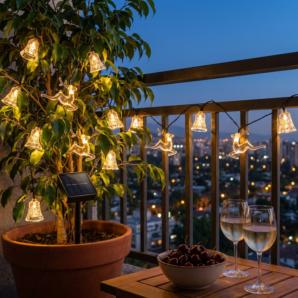 Guirnalda luces navidad solares encendida terraza chilena luz cálida anochecer
