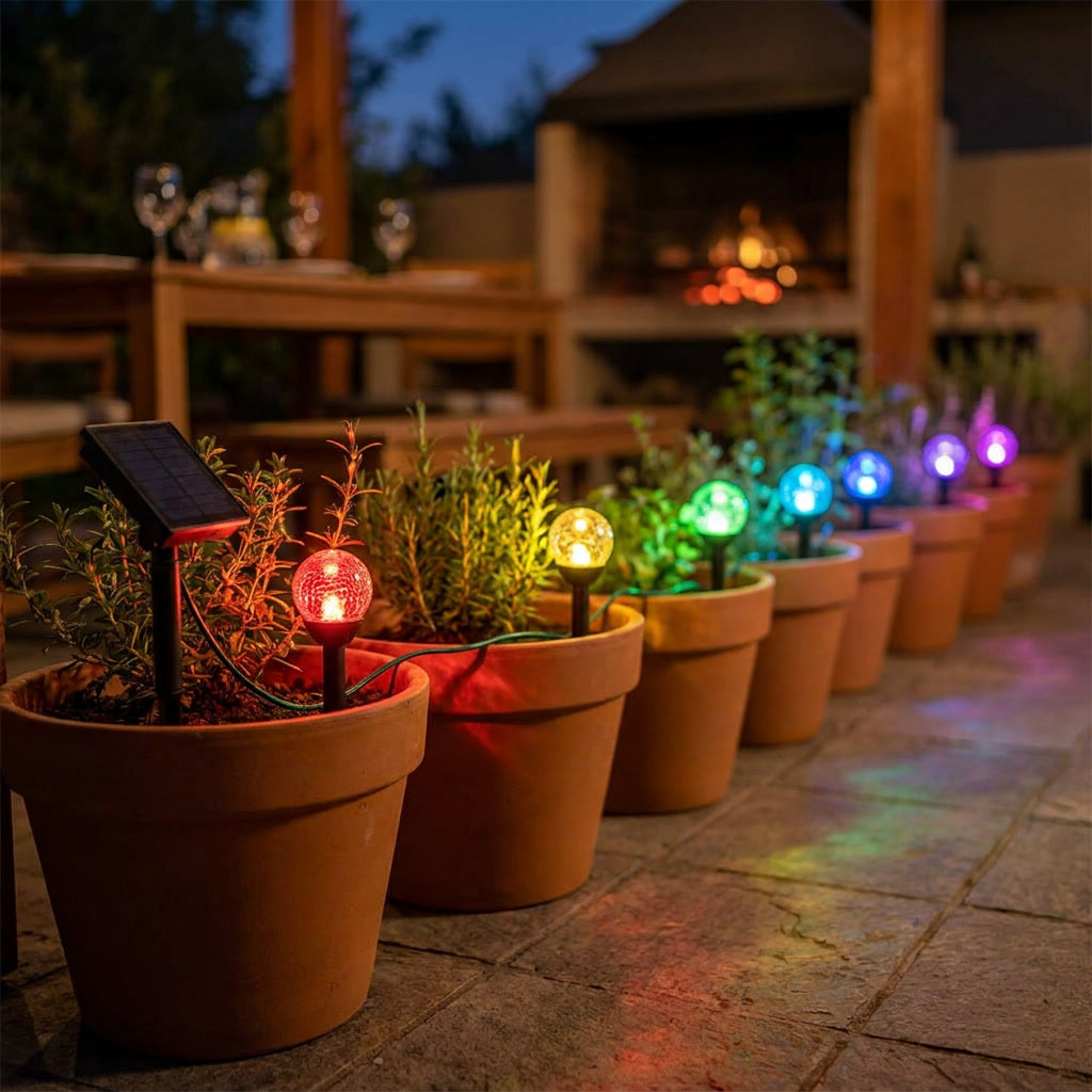 Luces solares jardín RGB iluminando camino piedra patio chileno noche