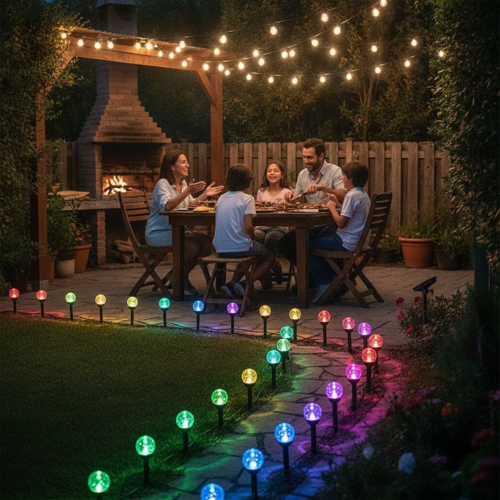 Familia chilena quincho jardin decorado luces solares RGB colores