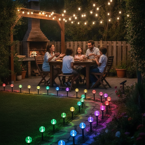 Familia chilena quincho jardin decorado luces solares RGB colores