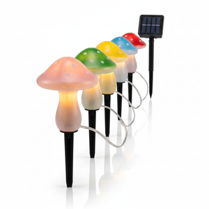 Set 5 luces solares LED hongos jardin colores rosado verde amarillo azul rojo vista frontal