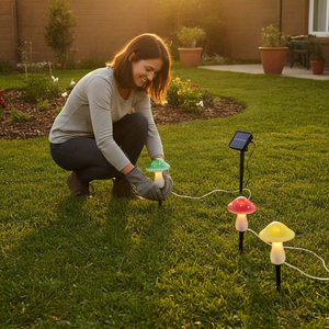 Mujer instalando luces solares hongos jardin cesped hogar chileno