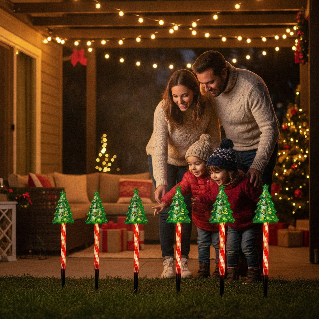 Familia chilena jardín navidad luces solares árbol decoración exterior noche