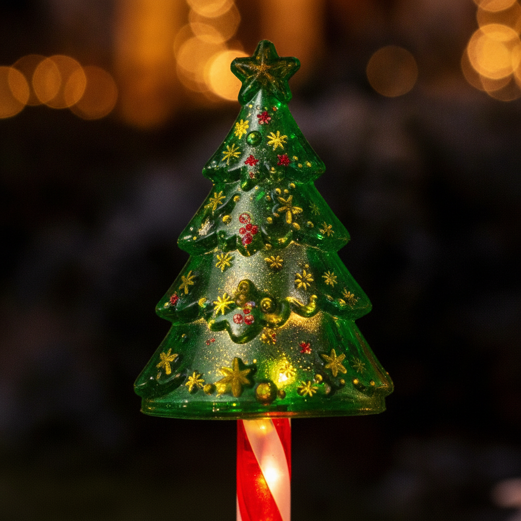 Detalle material acrílico árbol navideño estaca solar LED bastón caramelo