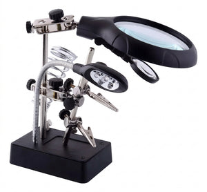 Lupa escritorio tercera mano soporte pinza LED negro plata vista principal