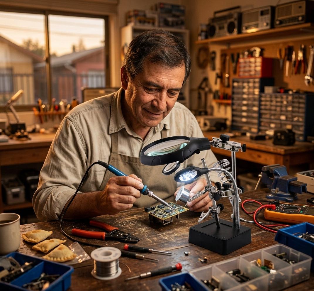 Hombre armando maqueta con lupa de escritorio tercera mano luces LED