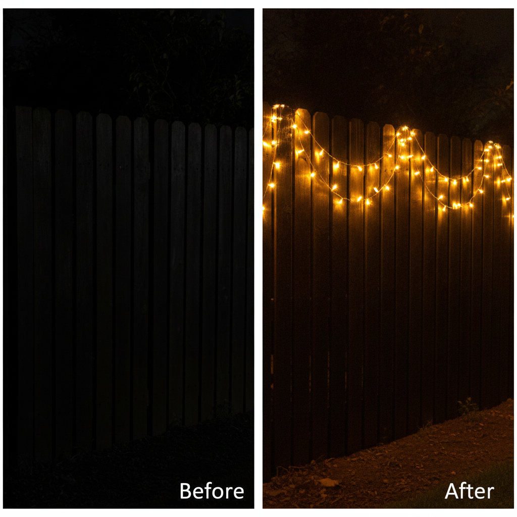 Luces hada solar decorando quincho chileno terraza exterior noche cálida