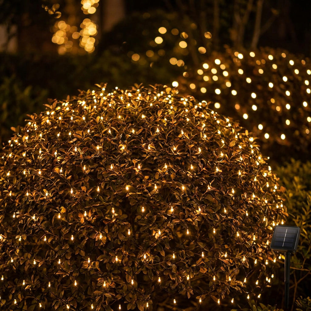 Mujer decorando terraza con malla luces LED solar exterior calida