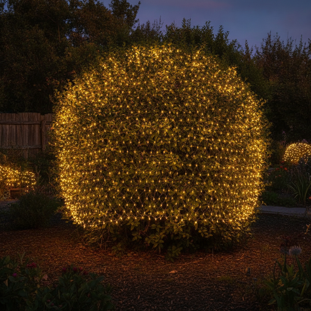 Guirnalda solar malla LED cubriendo arbusto jardín exterior luz amarillo cálido