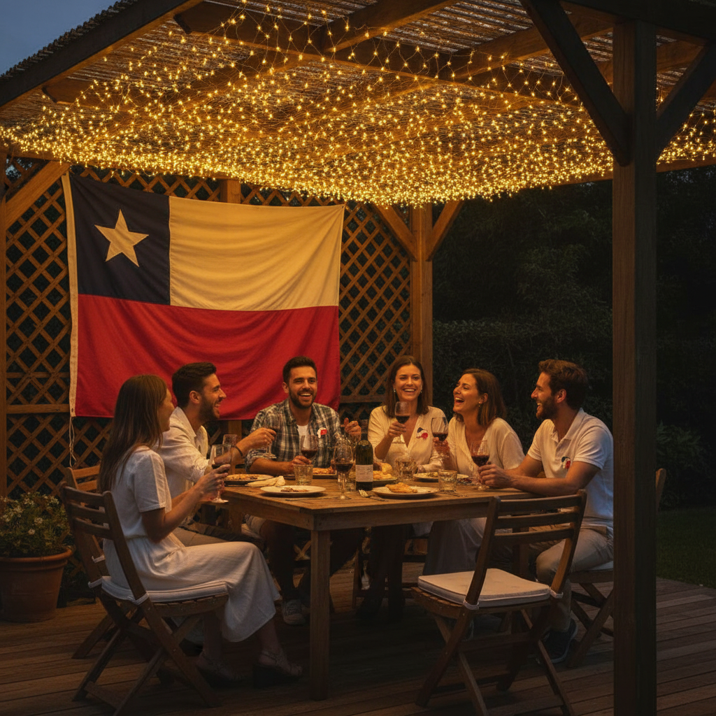 Malla luces solares decorando pérgola terraza Fiestas Patrias Chile ambiente cálido
