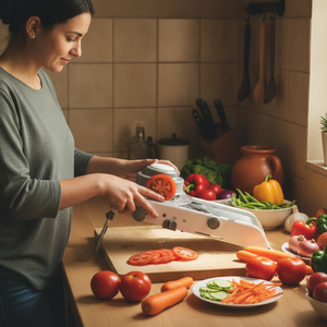 Rallador mandolina verduras cocina moderna con vegetales frescos coloridos