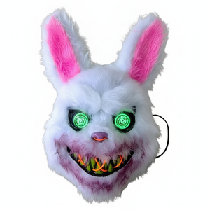 Mascara Halloween conejo LED luz verde naranja peluche blanco orejas rosas vista frontal