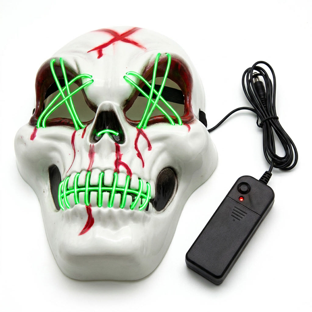 Mascara Halloween esqueleto LED neon verde calavera vista frontal fondo blanco