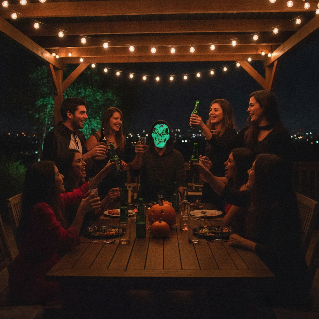 Disfraz Halloween mascara esqueleto LED en quincho terraza chilena noche