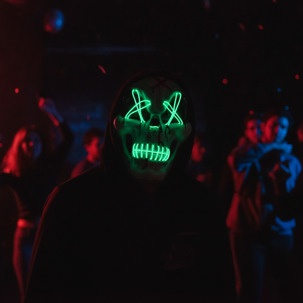 Joven chileno con mascara calavera neon verde en fiesta Halloween nocturna