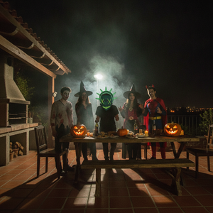 Grupo amigos chilenos quincho Halloween mascara Estatua Libertad neón verde