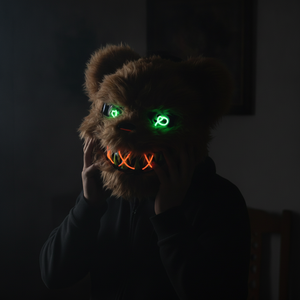 Persona usando mascara oso Halloween LED ojos brillantes hogar chileno