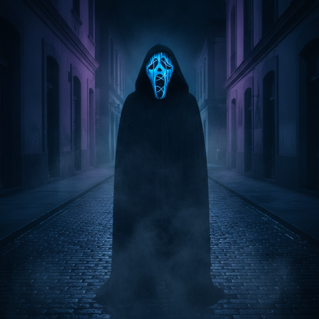 Mascara Halloween ghostface LED azul noche calle ambiente terror oscuridad