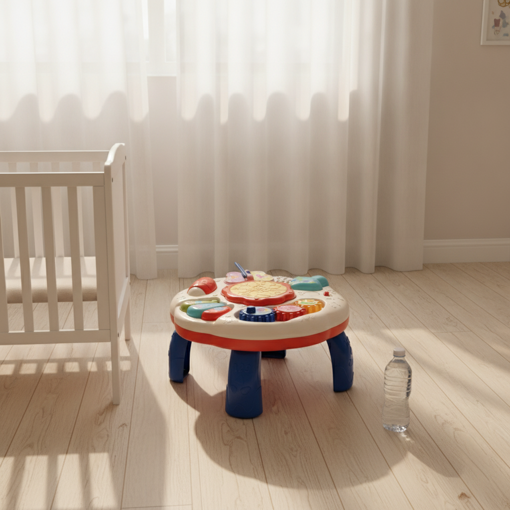 Mesa musical actividades bebé tamaño real junto cuna habitación infantil