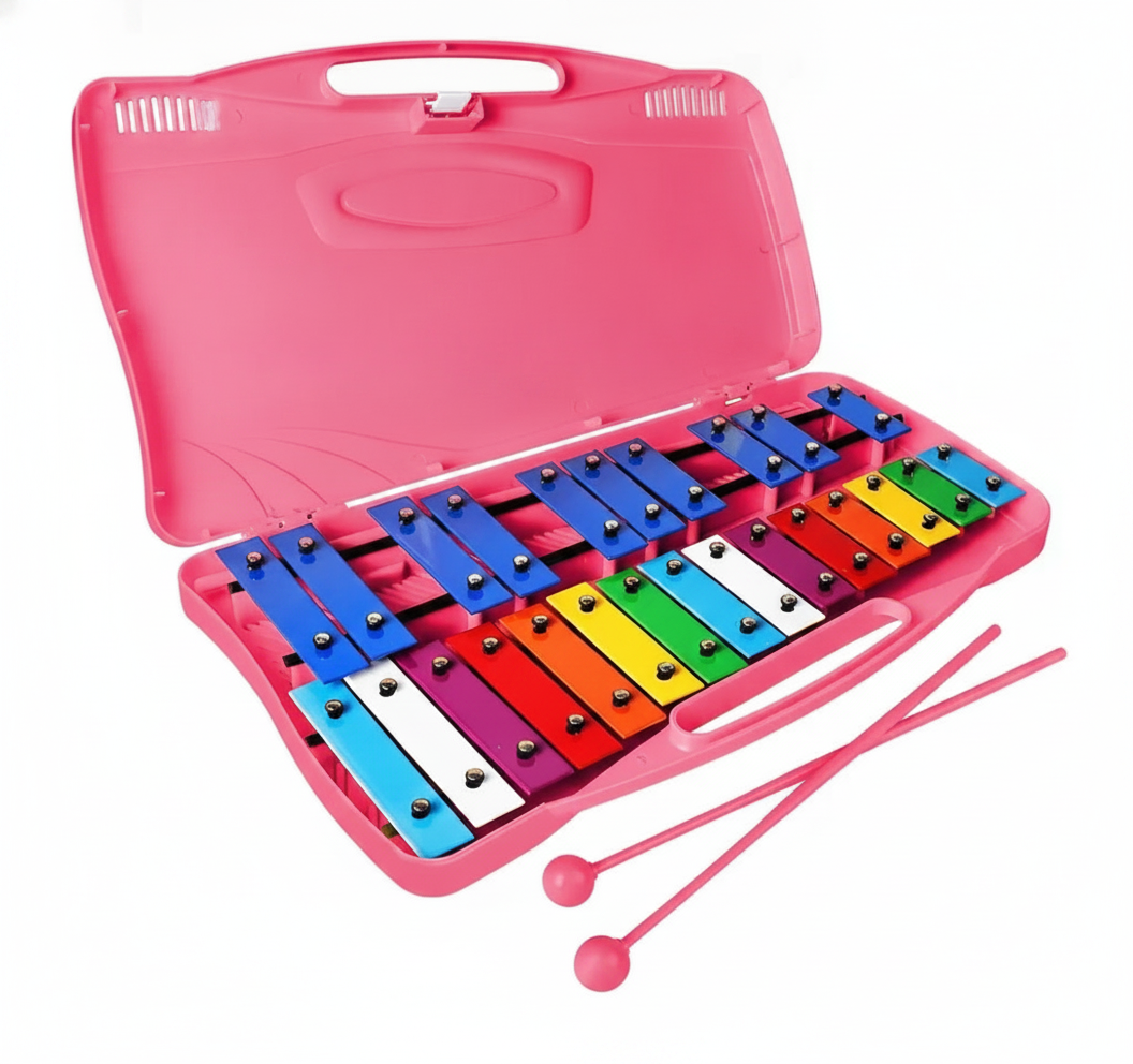 Metalofono cromatico 25 notas xilofono infantil estuche rosa con baquetas vista frontal
