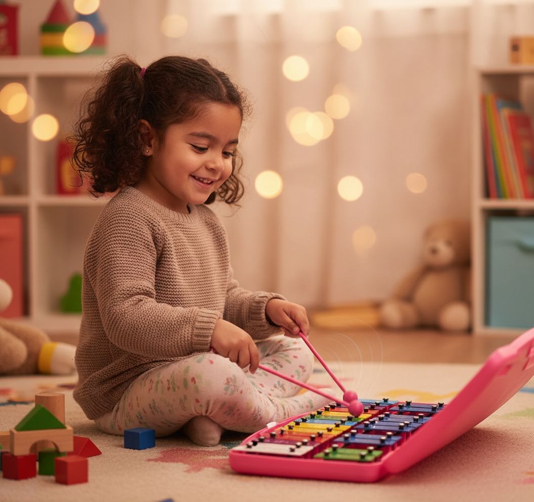 Nina jugando con metalofono cromatico de colores en sala de juegos hogar