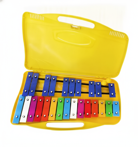 Metalofono cromatico 25 notas xilofono infantil estuche amarillo vista frontal
