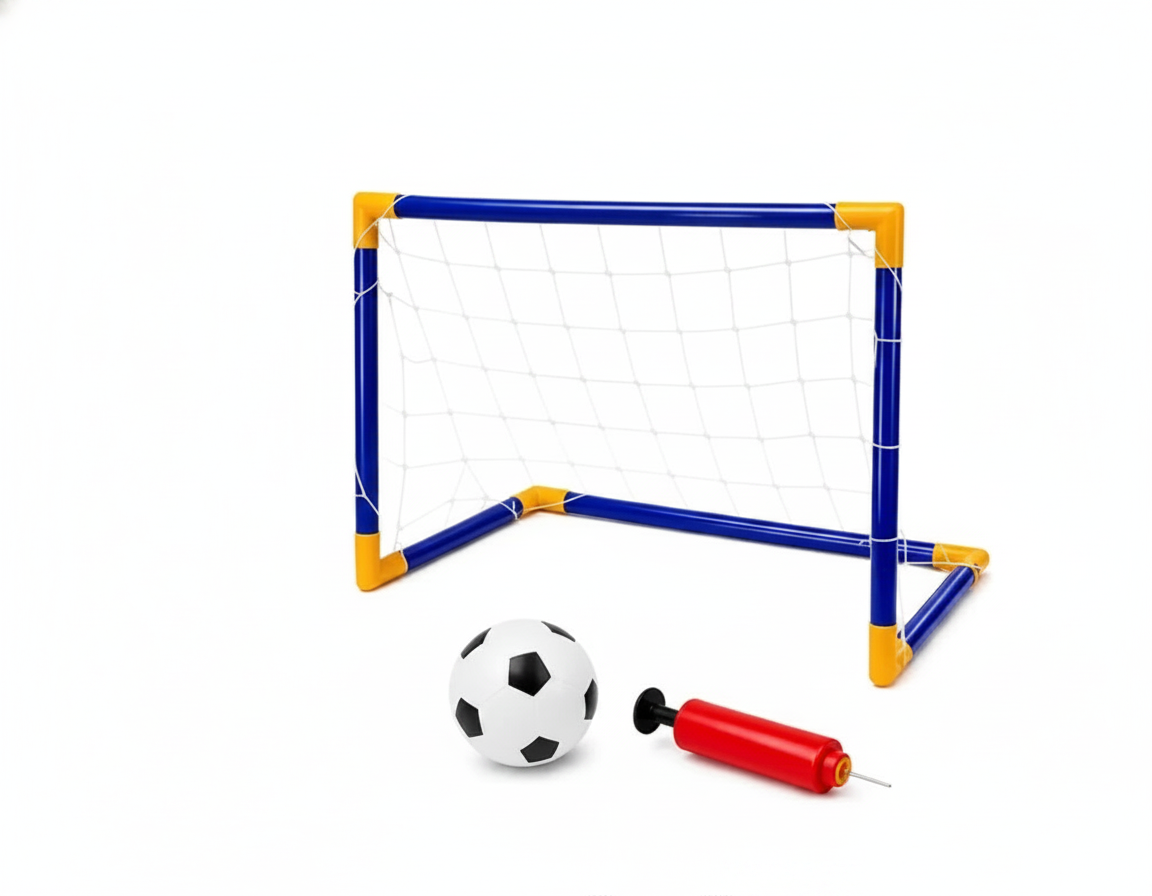 Mini arco de fútbol infantil PVC azul amarillo con malla y balón vista frontal