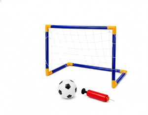 Mini arco de fútbol infantil PVC azul amarillo con malla y balón vista frontal