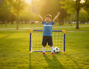Niño jugando con mini portería de fútbol en jardín chileno exterior
