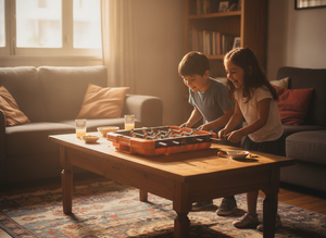 Niños chilenos jugando taca taca de mesa en living hogar