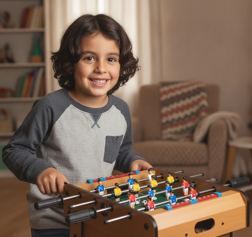 Niño jugando mini taca taca madera manijas goma sonriendo