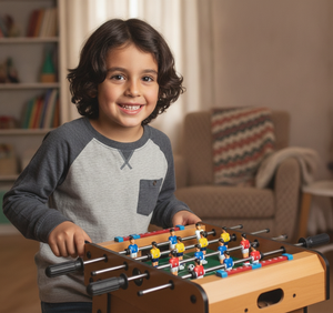 Niño jugando mini taca taca madera manijas goma sonriendo