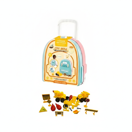 Mini mochila maletín juguete camiones armables construcción set completo vista frontal