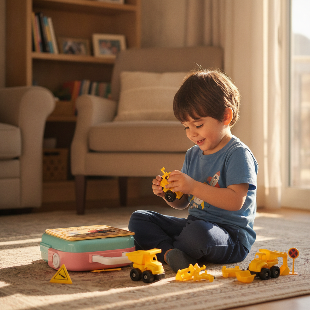 Niño armando camión juguete amarillo mochila maletín construcción living chileno