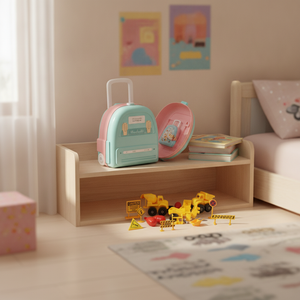 Valijita juguete mochila rosada teal camiones construcción habitación infantil