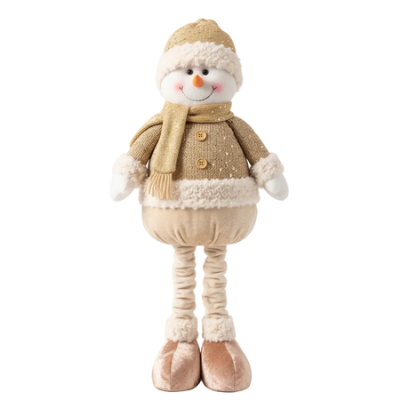 Muñeco de nieve dorado patas extensibles 65cm fondo blanco vista frontal