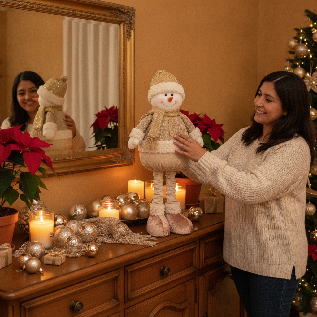 Mujer chilena decorando comedor navideño con mono patas largas dorado