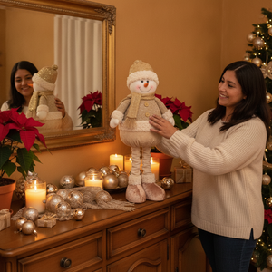 Mujer chilena decorando comedor navideño con mono patas largas dorado
