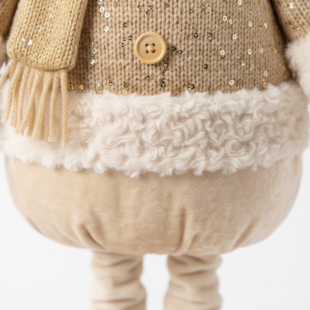 Detalle tela tejida dorada lentejuelas botones terciopelo muñeco nieve navidad