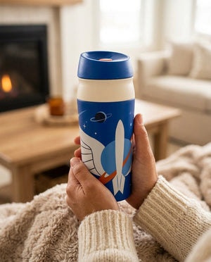 Niño chileno usando vaso espacial Toy Story 5 botón azul colegio