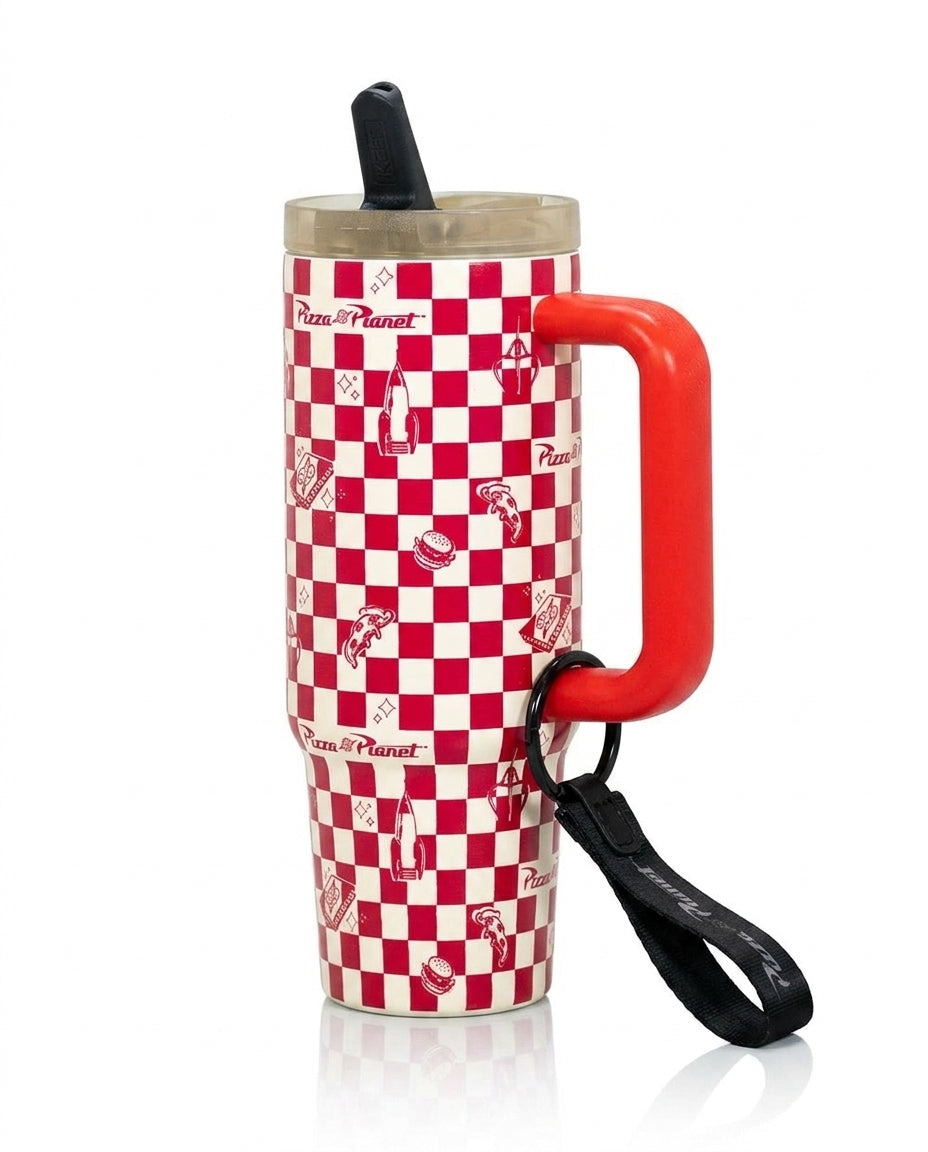 Mug térmico Toy Story Pizza Planet 30oz cuadros rojos blancos vista frontal